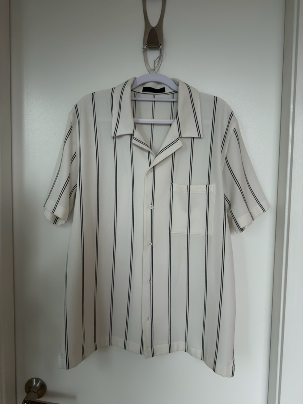 OAK + FORT Cream Short-Sleeve Button-Up with Black Vertical Stripes